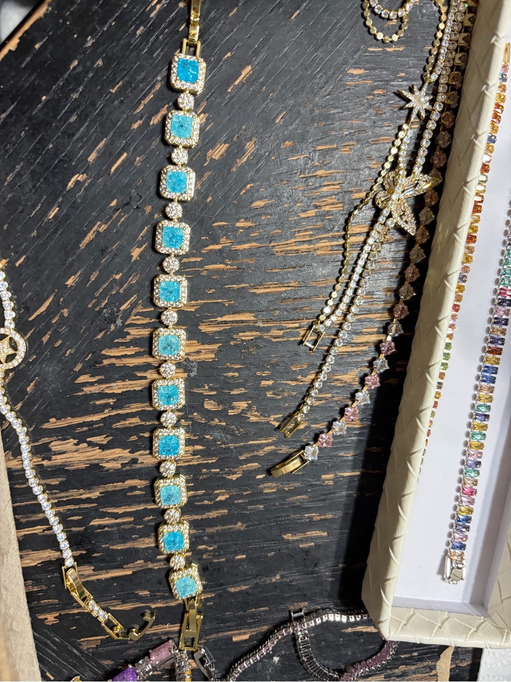 Gold Bracelet with Blue Square CZ Stones - Women's Jewelry